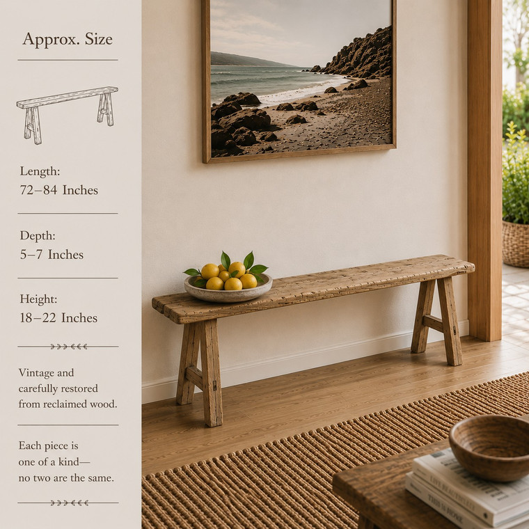 Vintage noodle bench approx. 6-7ft long weathered natural (Size and finish vary)