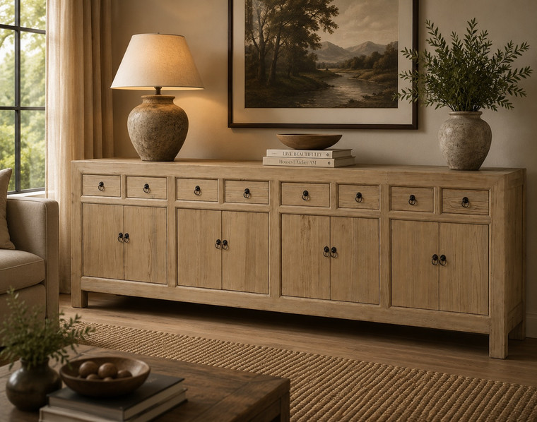 119 Inches Long 8 Drawers 8 Doors Sideboard Weathered Natural