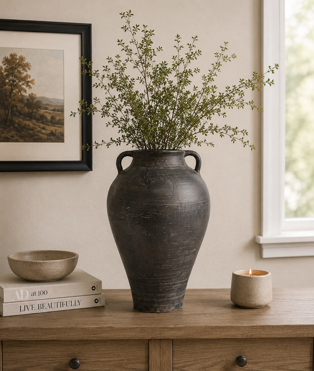 Approx. 14"H Charcoal Gray Vase with Two Handles (4.9" opening)