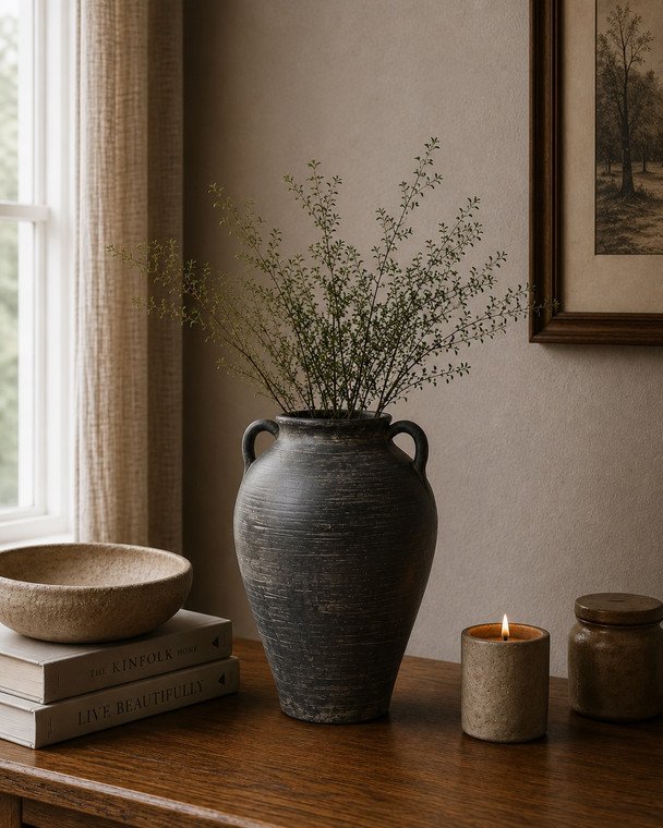 Approx. 12"H Charcoal Gray Vase with Two Handles (4.3" opening)
