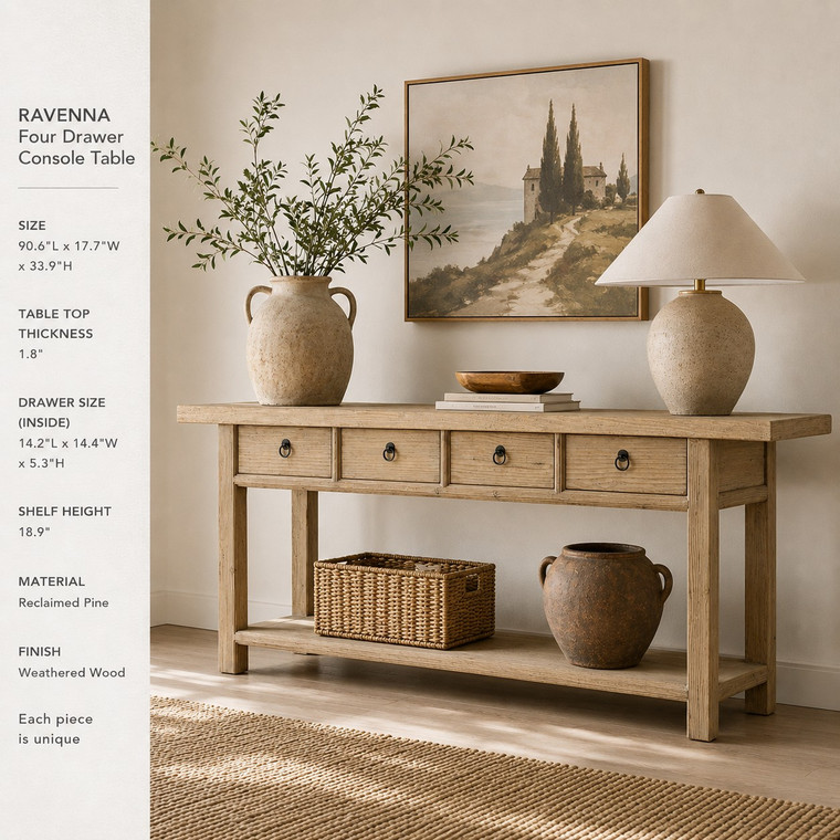 90" Long Console Table with 4 Drawers Weathered Natural