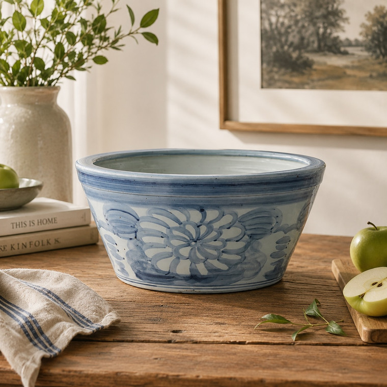Approx. 18" Wide Blue and White Planter with Flower Motif