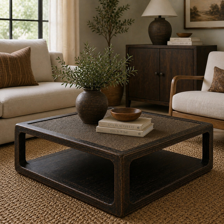 Milo Square Coffee Table with Rattan Top Distressed Black 50x50x19H