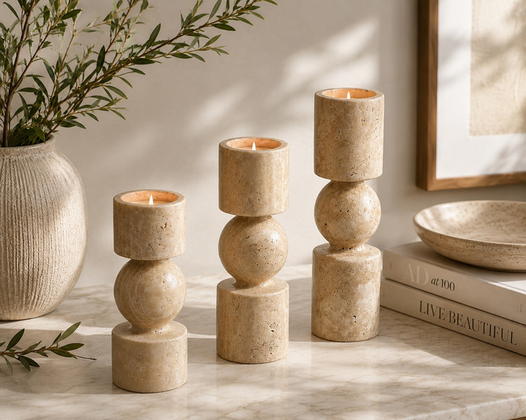Natural Travertine Stone Candle Holders Set of Three 8"/10" /11.8" High