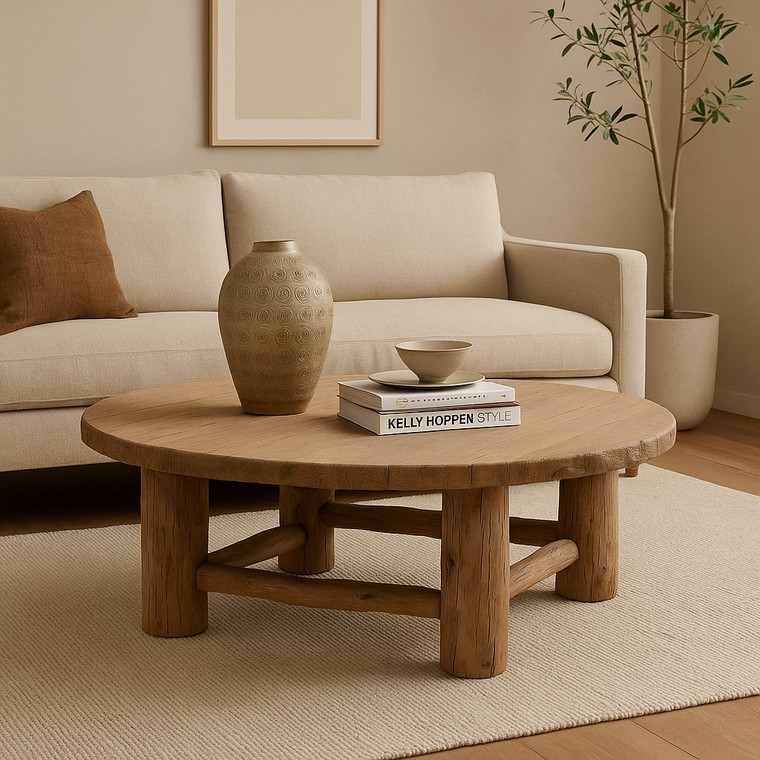 Approx.53" Round Vintage Coffee Table Elmwood Weathered Natural
