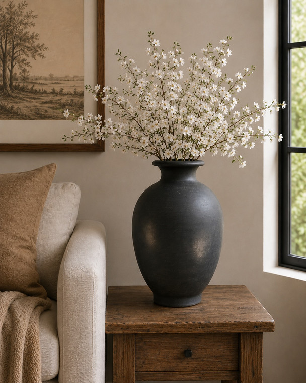 Approx. 19" High Charcoal Gray Pottery Vase with Small Opening (6.7" opening)