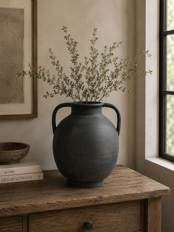 Approx. 14" High Charcoal Gray Pottery Vase with Two Decorative Handles (6.3" opening)
