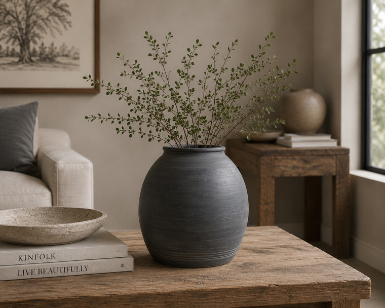 Approx. 10" High Charcoal Gray Pottery Vase (5.5" opening)