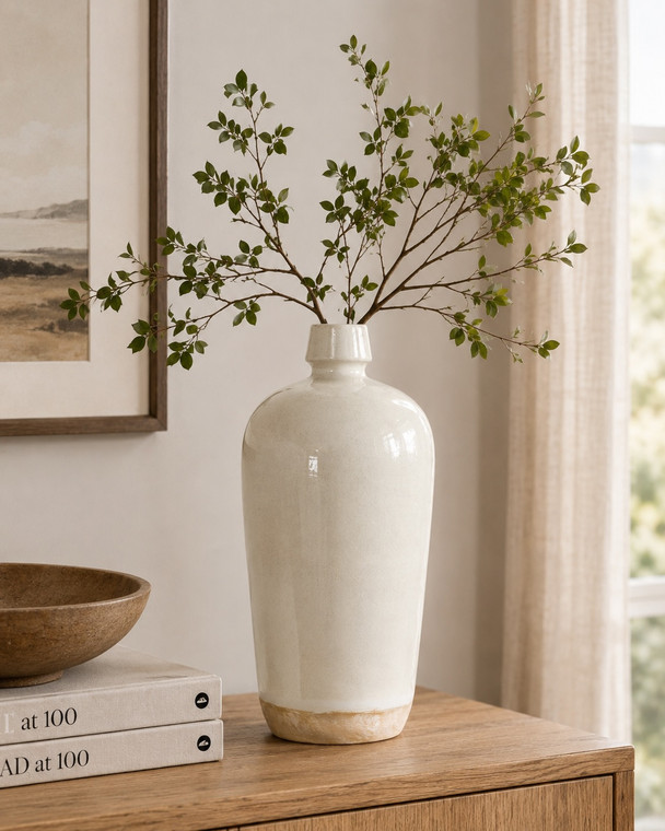 Approx. 11" High Off White Ceramic Vase with Small Opening (1.6" Opening)