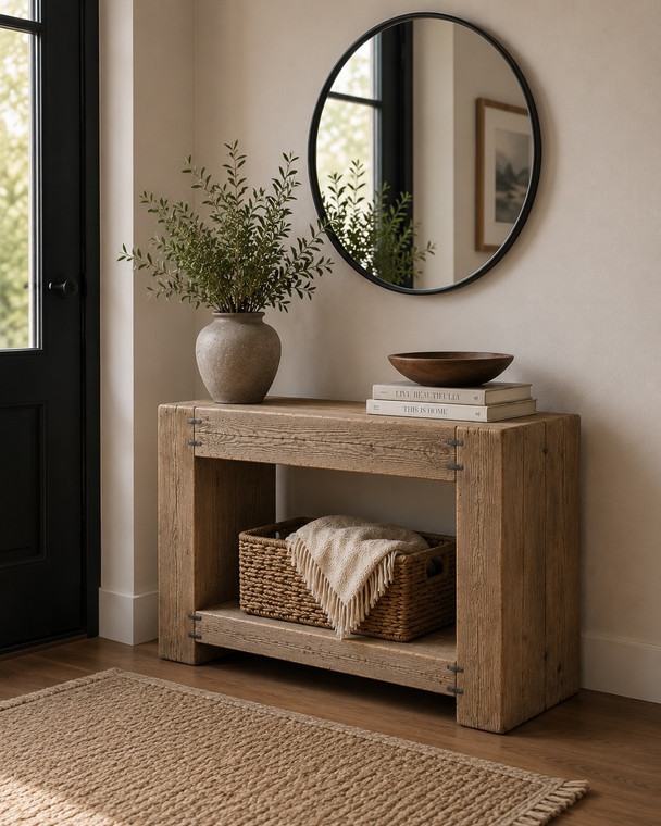 40 Inches Long Gradnd Framed Console Table with Shelf Rustic Natural