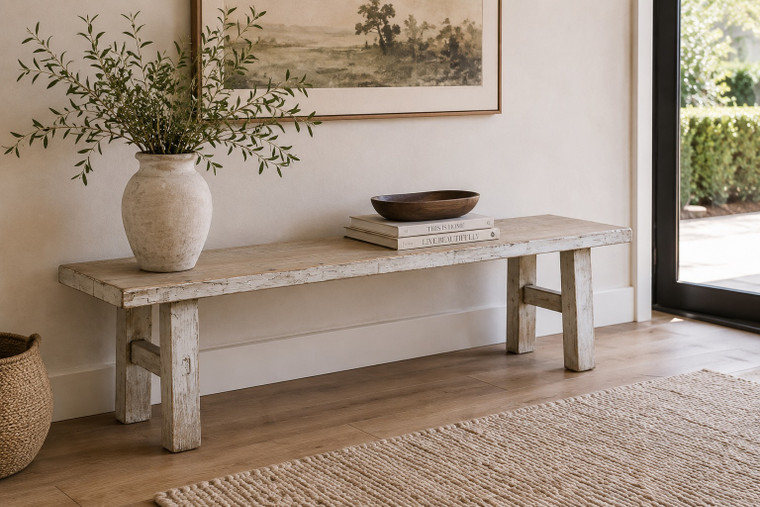 68" Amalfi Two Tones old pine wood bench antique off white