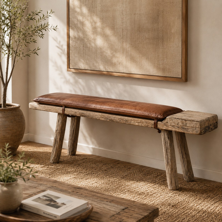 Approx. 68" Long 10" Deep 20" High Live Edge Vintage Bench with Leather Cushion Neutral Wood Tone