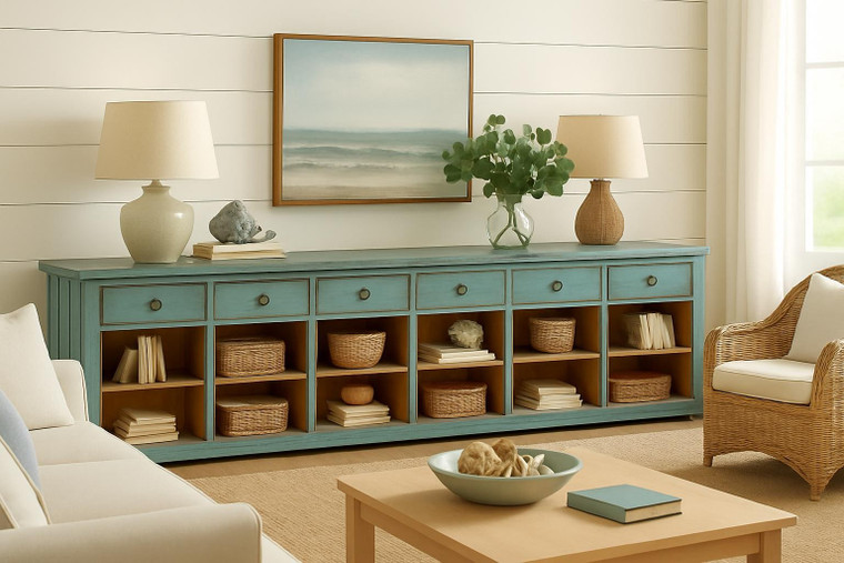 Approx. 176 Inches Wide Vintage Teal Counter Table with Six Drawers