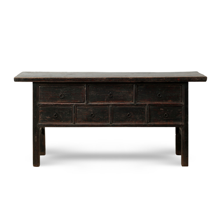 Approx. 71" Wide Vintage Sideboard with Seven Drawers Distressed Black Lacquer