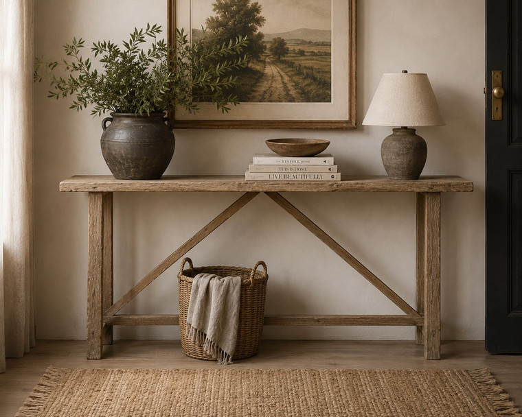 Vintage Console Table Weathered Natural Approx.66-72Wx14-18Dx31H