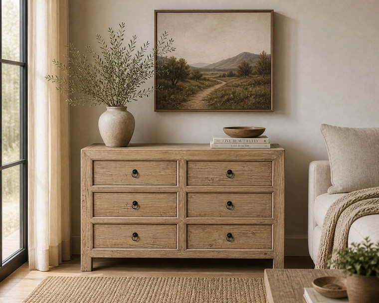 6-Drawer Chest 53Wx18Dx40H Weathered Natural Solid Pine