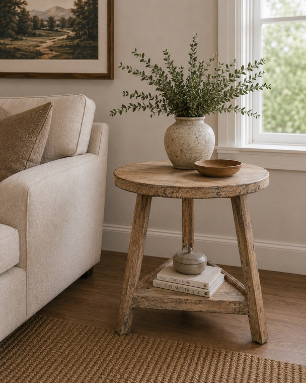 25 Inches Round Side Table with Shelf Weathered Natural with Distressed Gray Accents