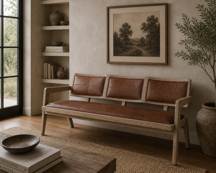 Mid-Century Woven Leather Arm Bench Weathered Natural