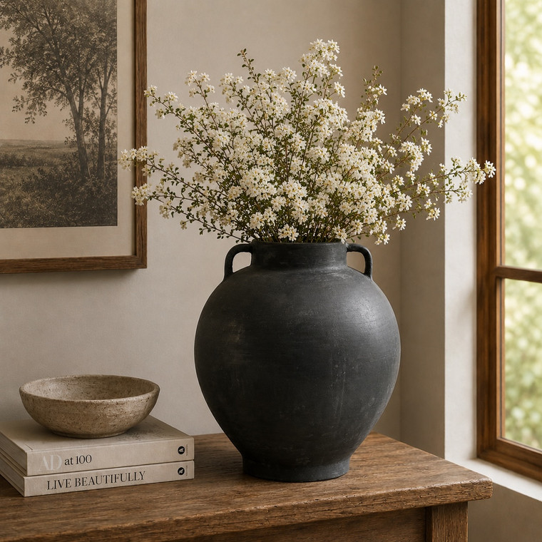 14 Inches High Earthy Gray Vase with Two Decorative Handles