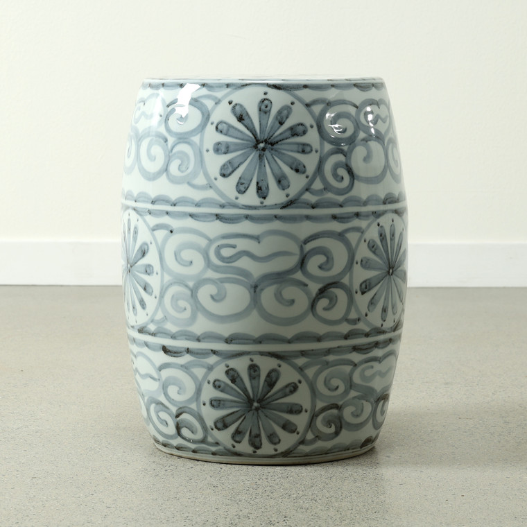 Approx.17 Inches Subtle Blue and White Garden Stool With Flower Motif