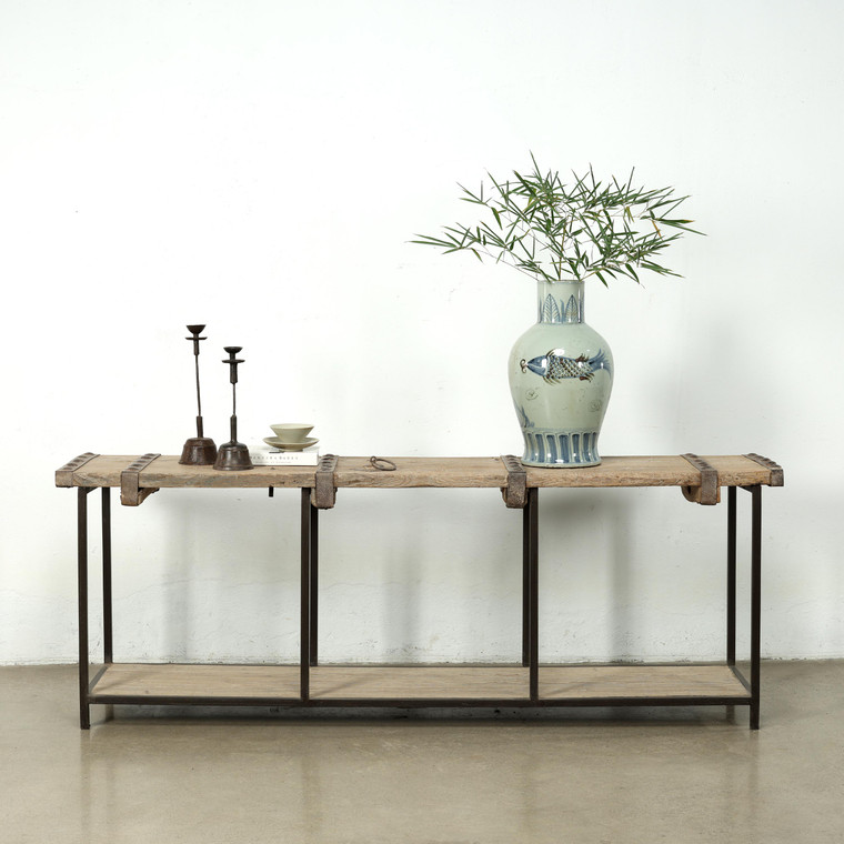 Vintage Iron-Strapped Reclaimed Door Console Table with Storage Shelf