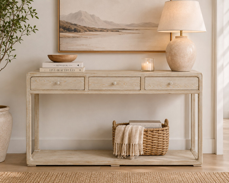 63"Ming Console Table With 3 Drawers-Weathered Whitewash