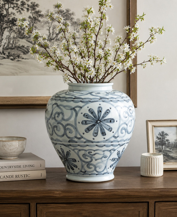 Approx. 14.6 Inches Subtle Blue and White Vase (7" Opening) with Floral Motif