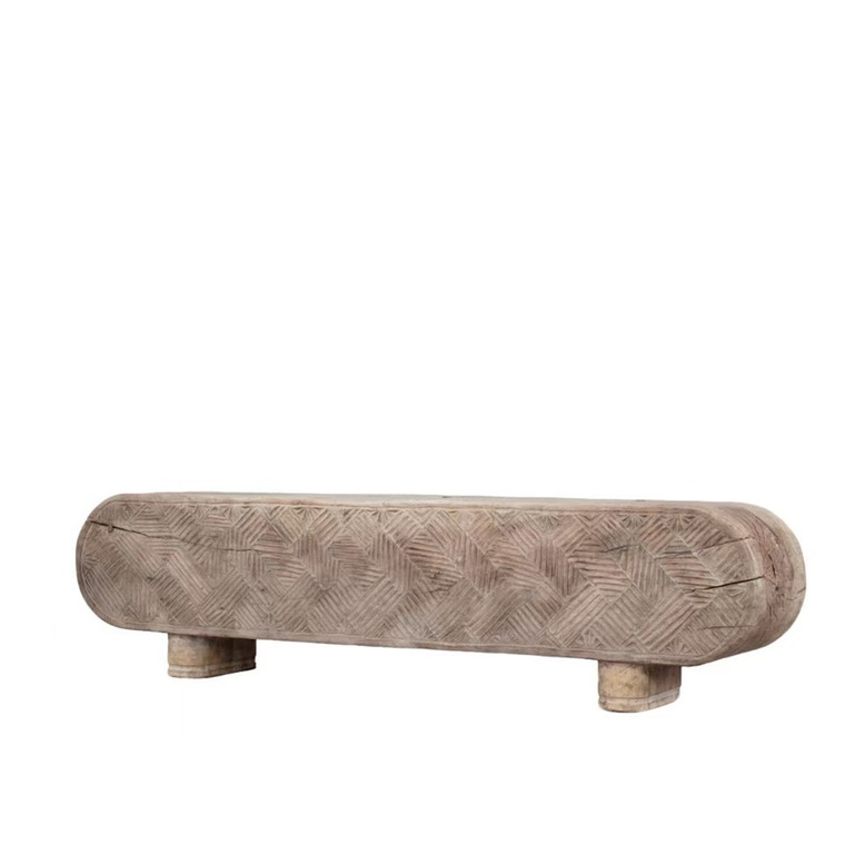 Approx.70" Long 14" Deep Hand-Carved Solid Wood Bench with Geometric Pattern