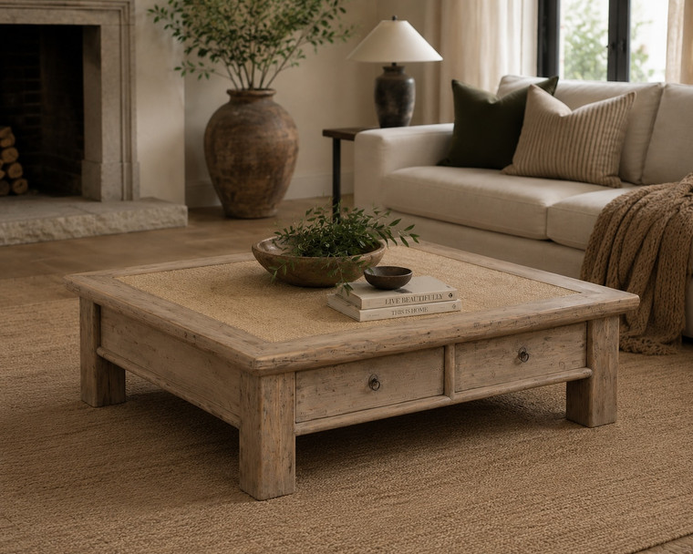 Four Drawers Coffee Table with Rattan Top Weathered Gray