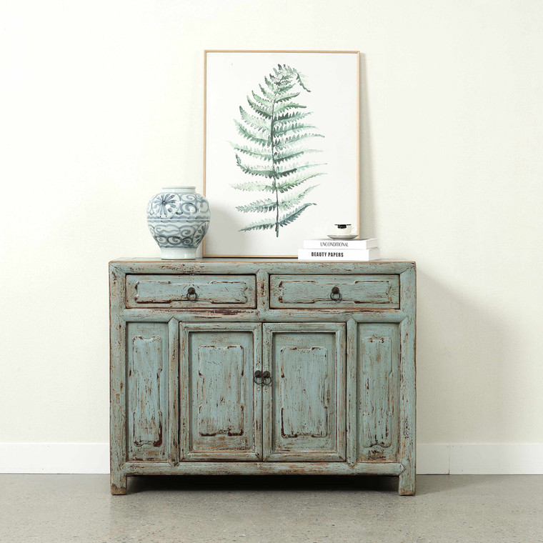 Approx 43" Wide Cabinet with Two Drawers Distressed Soft Blue