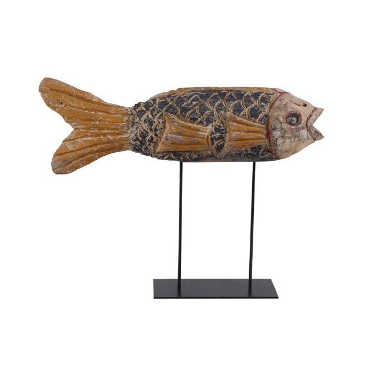 Woodcarving Fish With Iron Stand Vintage Style Large(size & color vary )