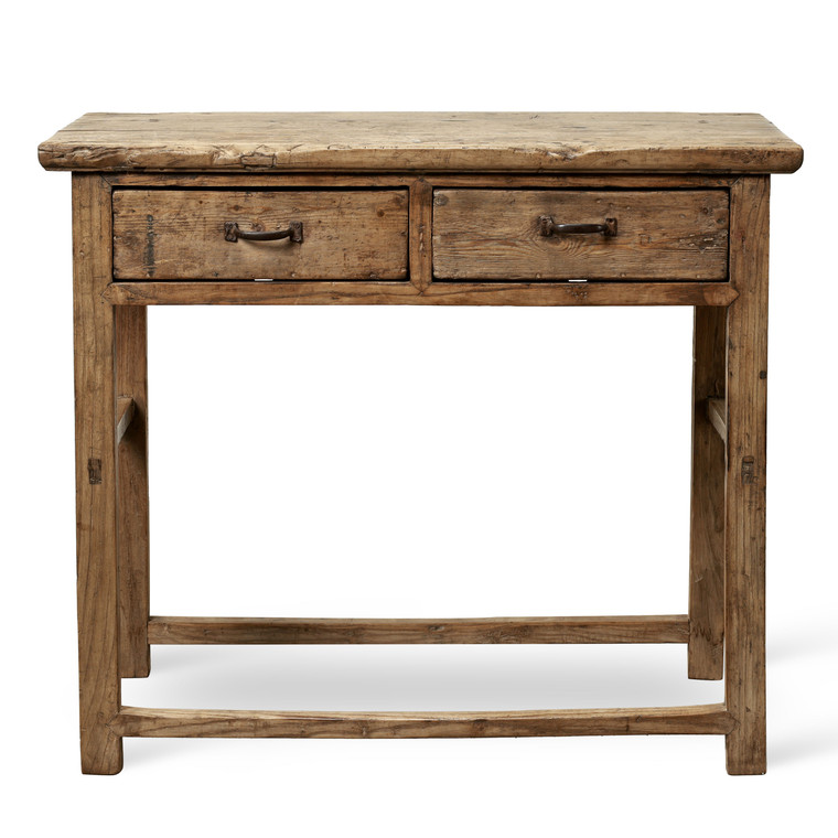 Approx 40" Long 20" Deep Vintage Entry Table with Two Drawers, Weathered Natural