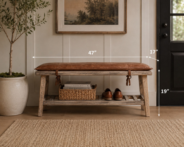 47" Wide Shoe Bench with Leather Cushion