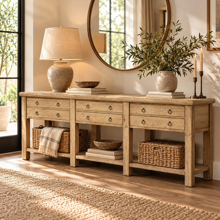 Sorrento 6-Drawer Console Table with Shelf Weathered Natural