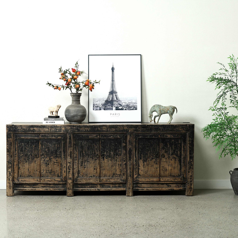 Approx. 92" Long Antique Sideboard with Six Doors, Distressed Black