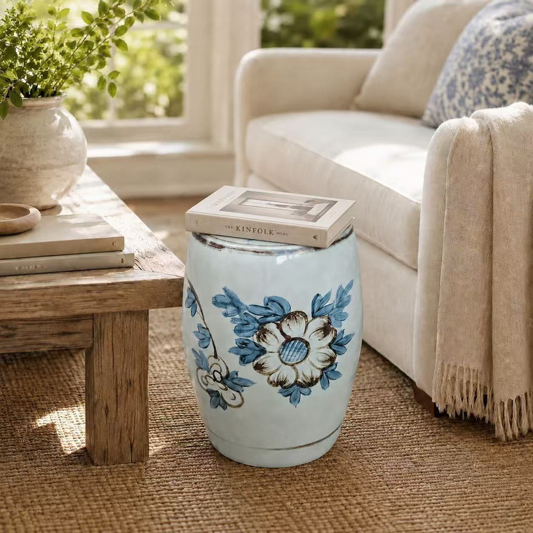 Approx. 18" High Blue and White Garden Stool with Sunflower Motif