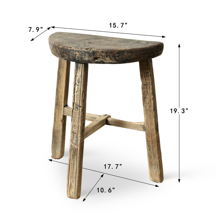 Vintage D-Shaped Rustic Stool 19.3H 15.7W 7.9D