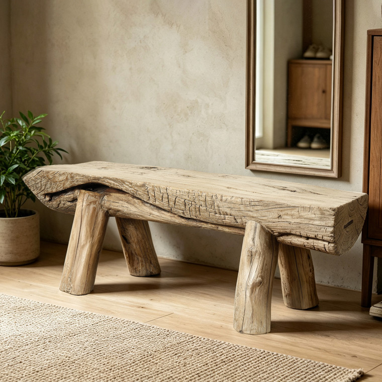 Vintage Live Edge Log Bench 54.3x15x18.9H