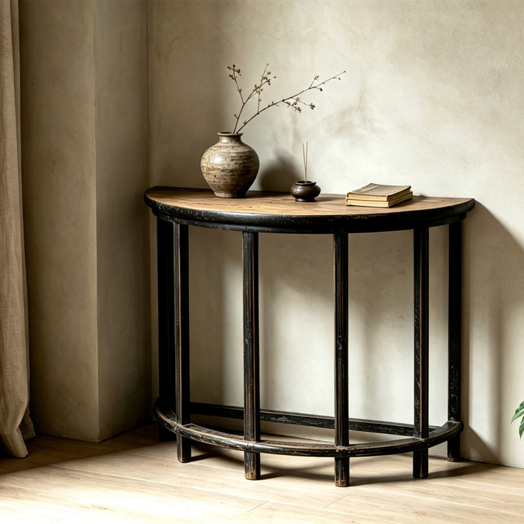 Approx. 43" Wide 22" Deep Vintage D-Shaped Console Table Distressed Black