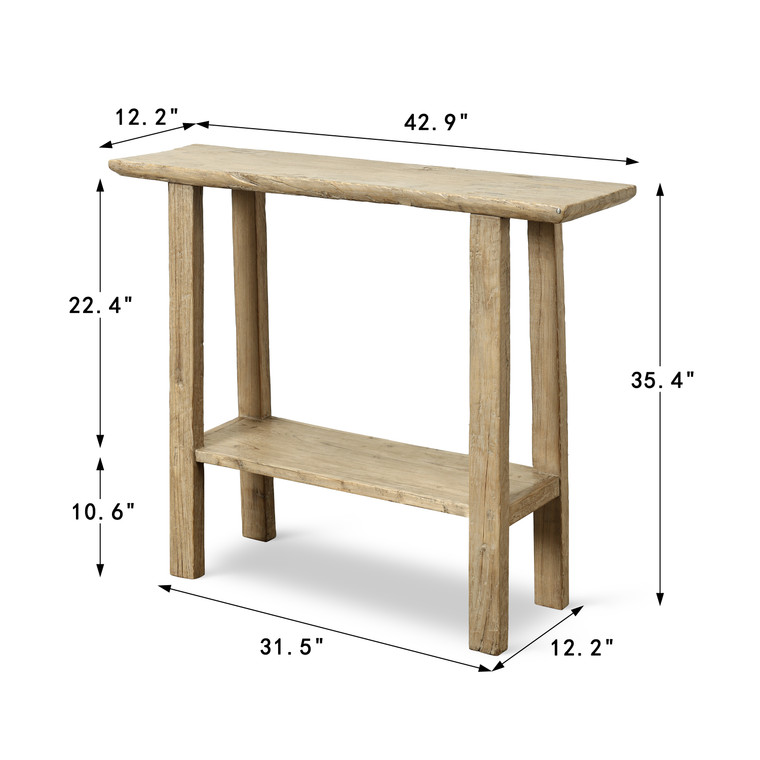 Approx. 43 inches wide, 12 inches deep, vintage console with shelf, Weathered Natural