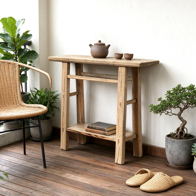 Approx. 43.3" wide, 11.8 " deep, vintage console with shelf, Weathered Natural