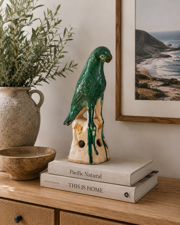 12" Green Glazed Parrot Large