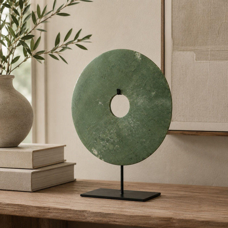 Natural Marble Disk Statue With Base 12 Inch Green(color vary)