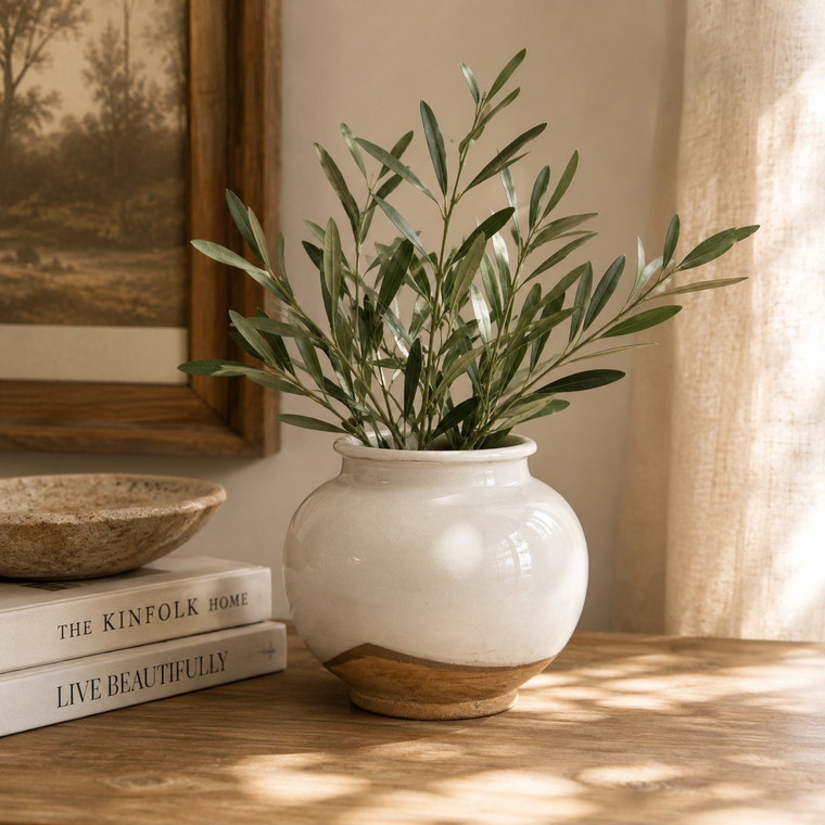 Approx. 6" Off White Ceramic Pot with Unglazed Base