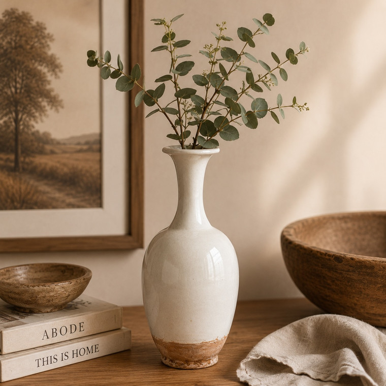 11" Off White Ceramic Bottle  with Unglazed Base