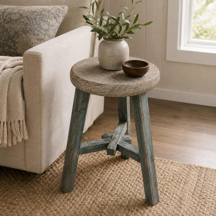 Elm round Stool Weathered soft aqua wash