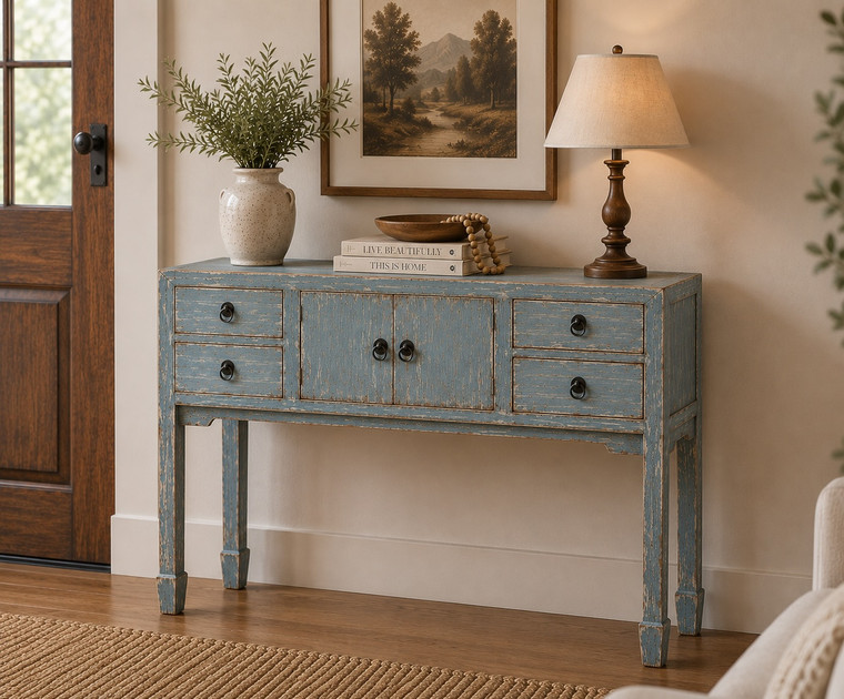 Four drawers console table weathered soft aqua 39x10x33H