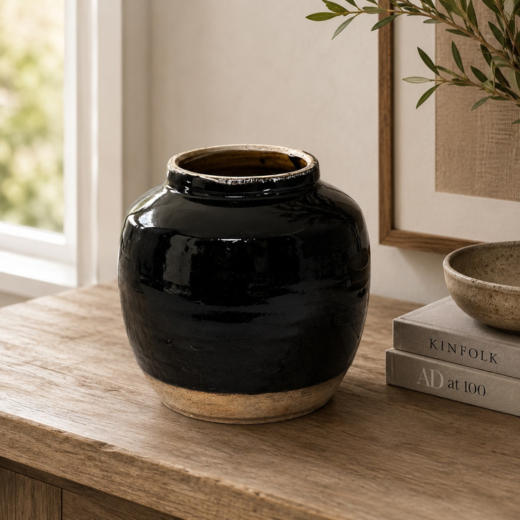 Approx. 7-9 Inches High Vintage oil pot with black glaze Medium (size vary)