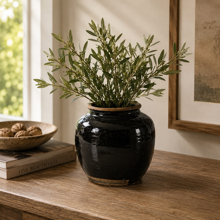 Approx. 4-6 Inches Tall Vintage Oil Pot with Black Glaze