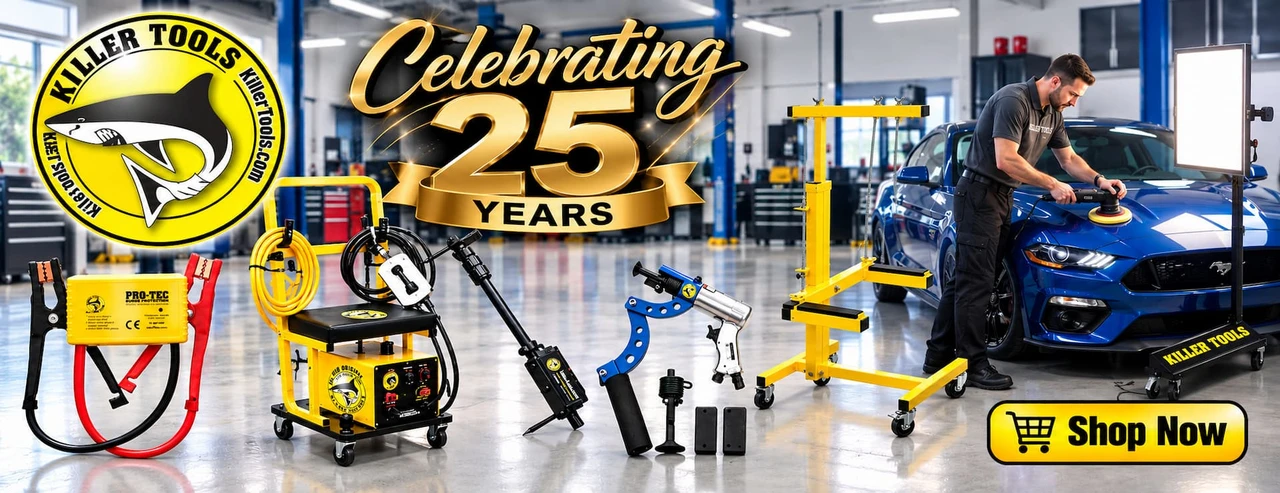 Killer Tools 25-year celebration featuring professional collision repair tools available from Grade A Tools.